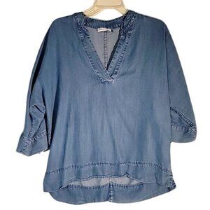 Calvin Klein Womens Light Blue Denim Tunic Top W/ V-Neck & 3/4 Sleeves‎ Size S